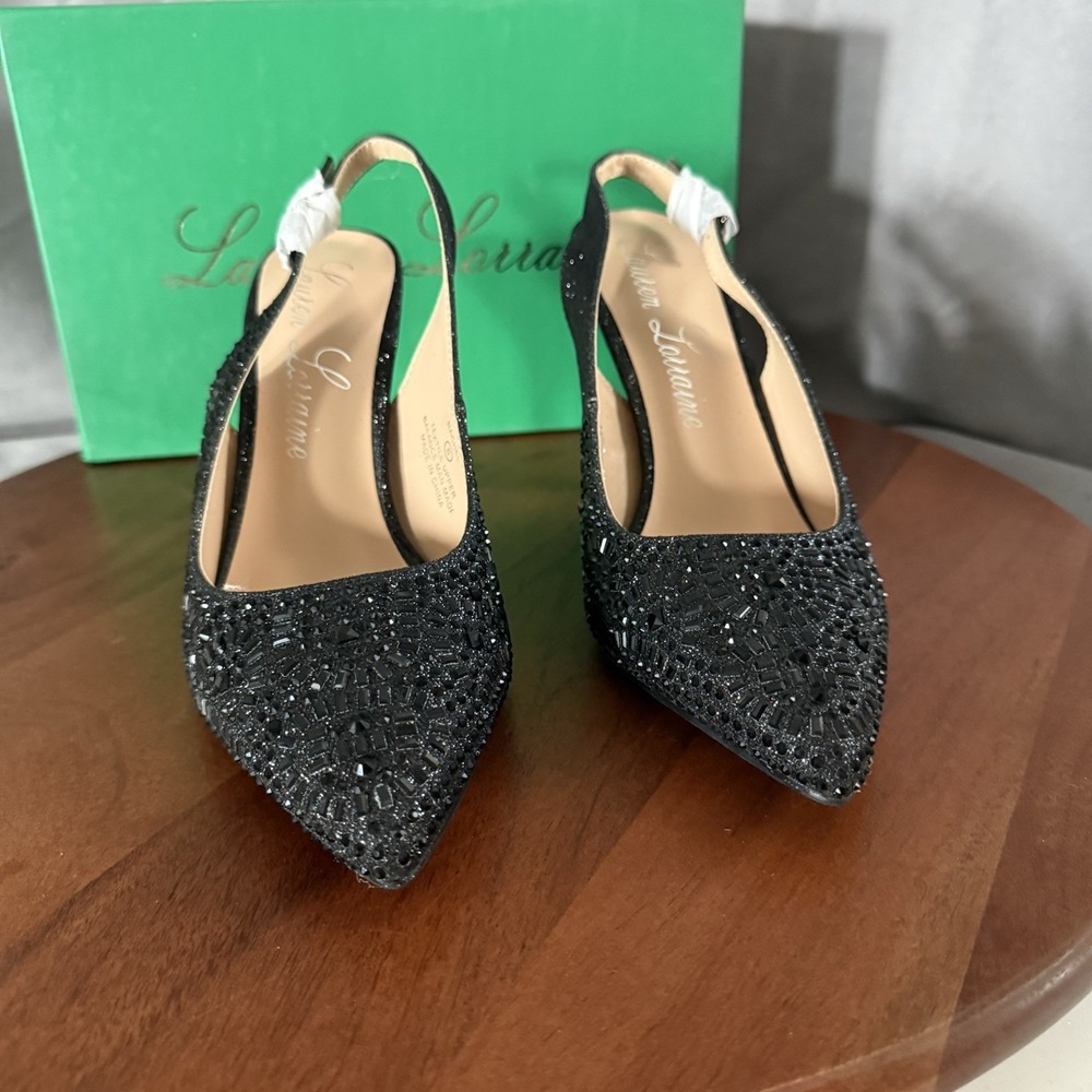 Lauren Lorraine Black Beaded Pointed Toe Slingback Heels